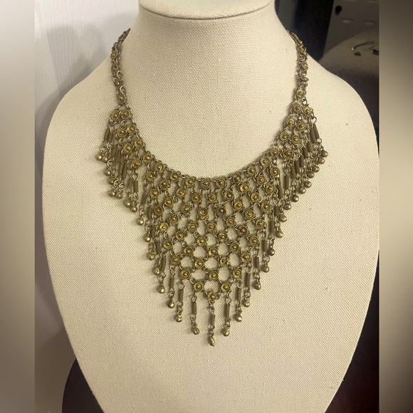 Vintage Brass Filigree Rosette Bib Necklace w/ Tiny Dangling Bells. - Picture 2 of 8